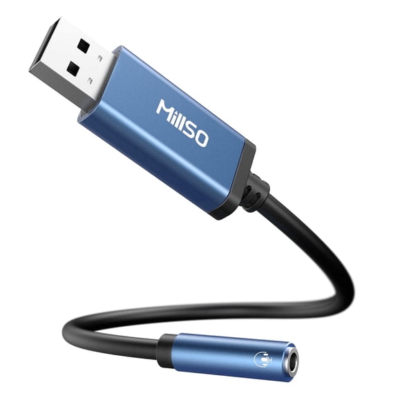 MillSO USB To 3.5mm Audio Jack Adapter, Sapphire Blue Metal TRRS USB to Aux External Stereo Sound Card for Headphone, Speaker, PS4/5, PC, Laptop, 1 FT