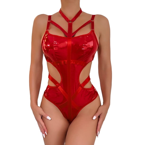 Gibobby Conjunto de lencería Sexy Camisola de lencería para mujer, con corte de red entrecruzado, sin mangas, sexy, vestido de peluche(Rojo, XG)