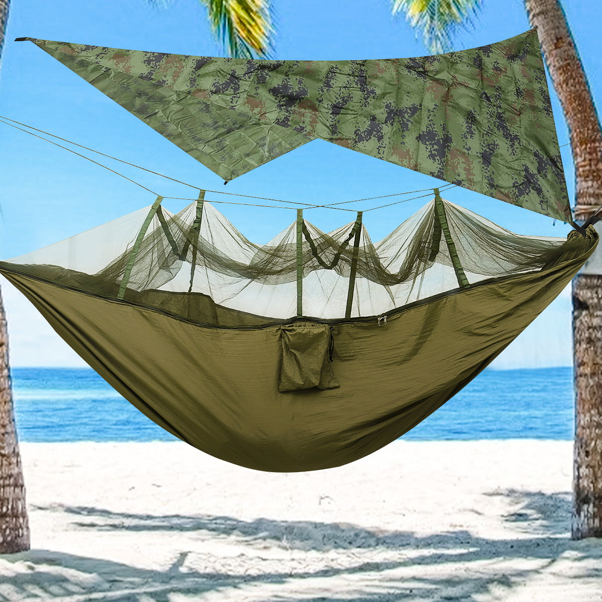 Double Single Camping Hammock with Mosquito Net & Tree Straps Portable Lightweight Parachute Nylon Hammock for Backpacking Travel Beach Yard Outdoor