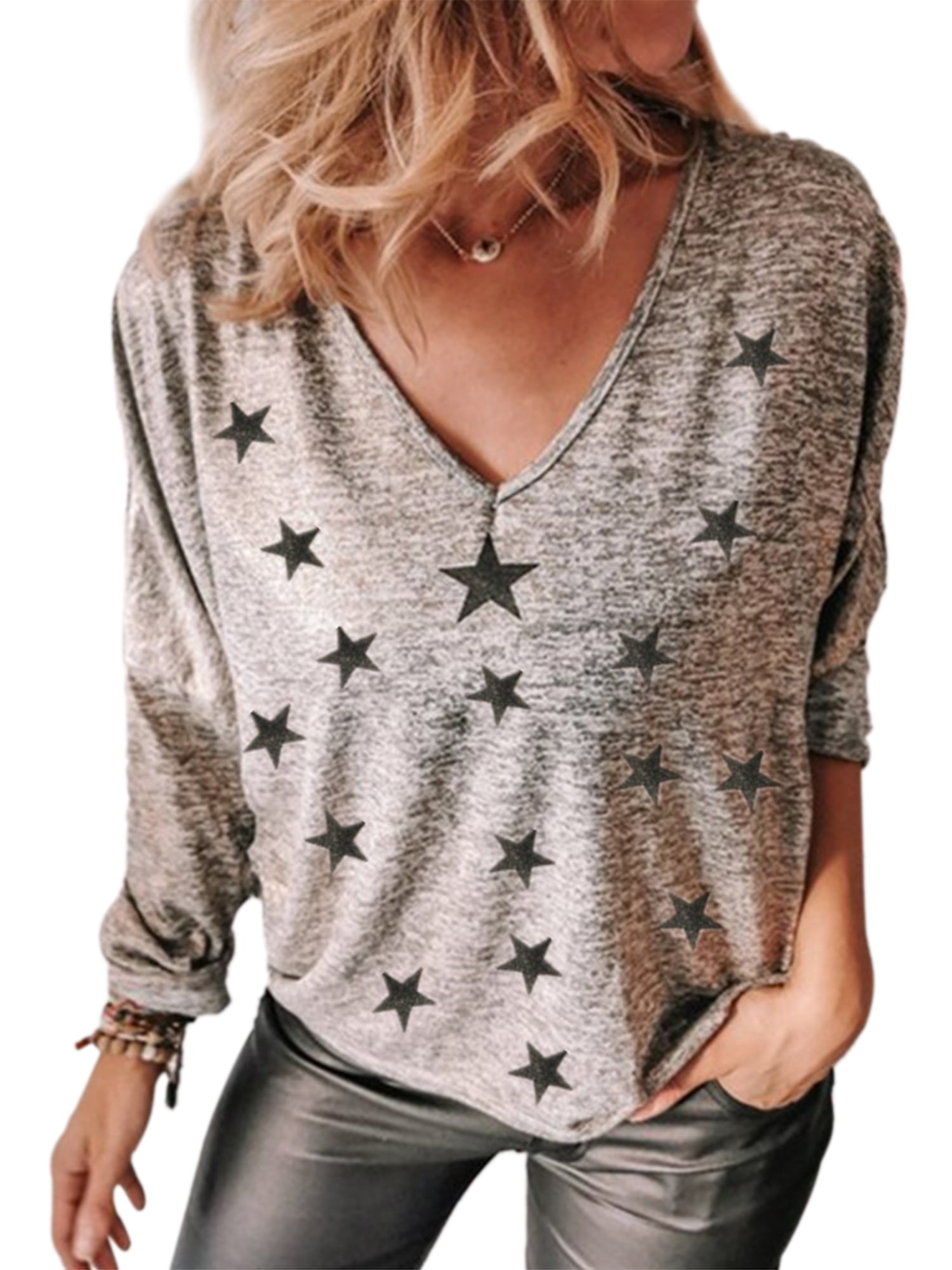 Star Womens Casual Long Sleeve Loose Fit T-Shirts Printed Pullovers Sweatshirts Tunics Blouse Tops