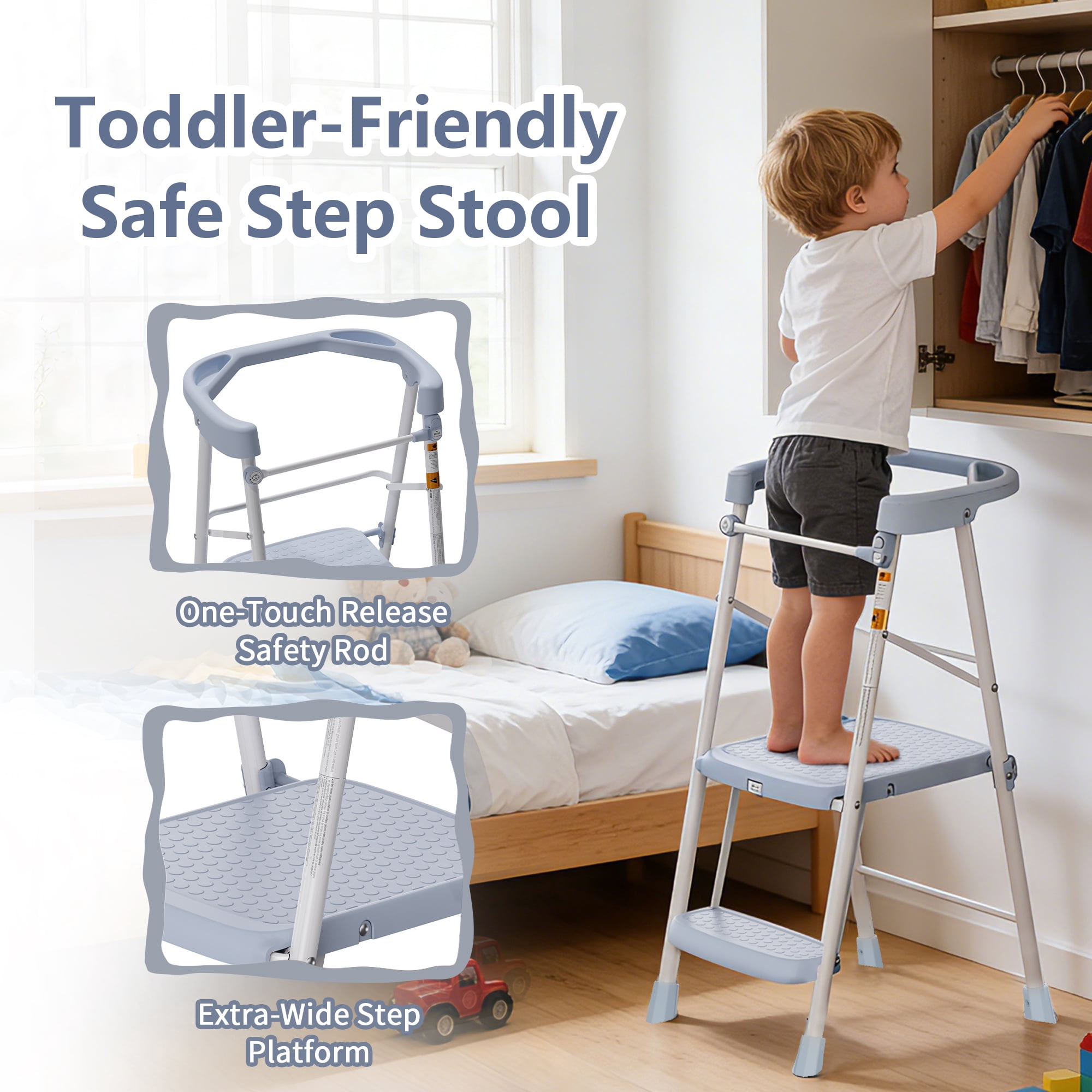 LevLad Toddler Kitchen Step Stool Helper for Kids, Foldable Learning Standing Tower for Kitchen Counter, Bathroom Sink, Blue