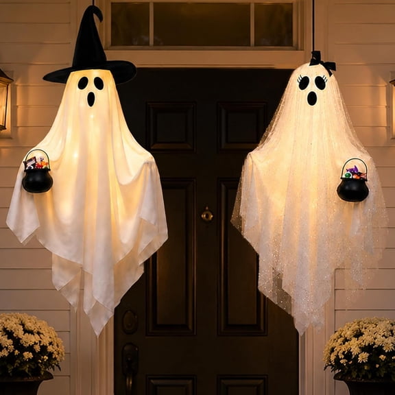 2 Packs Halloween Hanging Ghost Decorations, Light-Up Ghost with Witch Hat Bow Cute Ghost Ornaments with Cauldron Spooky Halloween Outdoor Decor for Front Porch Yard Indoor Party Decor