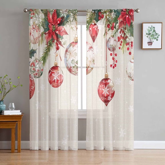 Red Christmas Balls Sheer Curtains 84 Inches Long 2 Panels Set, Window Sheer Curtains for Living Room/Bedroom, Xmas Poinsettia Snowflake Rustic Light Filtering Rod Pocket Curtain 52'' x 84'' x 2
