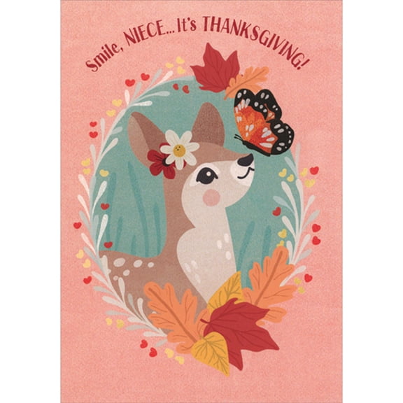Designer Greetings Doe with Flowers Behind Ear and Butterfly Juvenile Thanksgiving Card for Young Niece