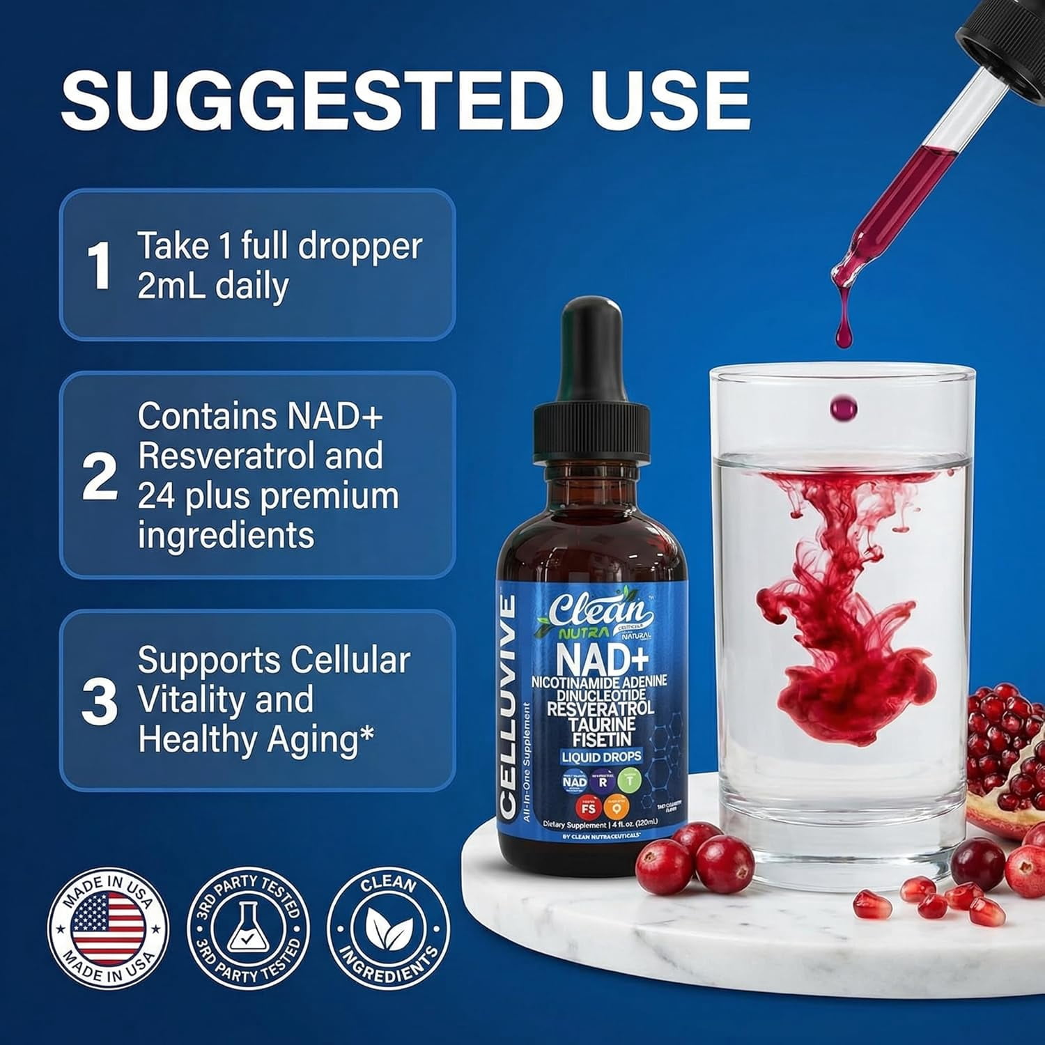 Clean Nutra NAD Liquid Supplement Drops Resveratrol Polyphenols Liposomal Taurine Fisetin Grape Seed Extract Japanese Knotweed Fo Ti Anti Aging NAD+ Nicotinamide Adenine Dinucleotide for Women & Men