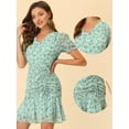 thumbnail image 2 of INSPIRE CHIC Women's Floral Puff Sleeve V Neck Drawstring Ruched Ruffle Dress Green XL, 2 of 4