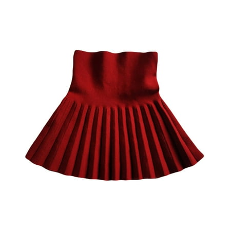 

BueatyH Autumn Children School Girls Solid Color Knit High Waist Bottoming Pleated Skirt