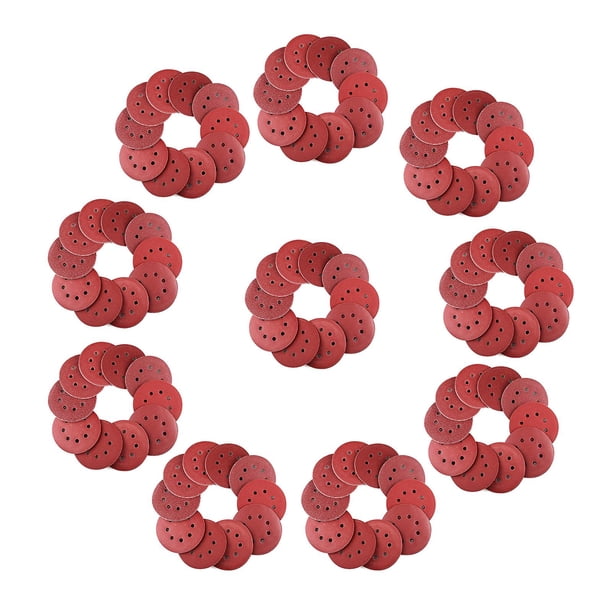 Discos de lijado de 125 mm con 8 orificios y adhesivo de velcro. Papel de lija para lijadoras orbitales aleatorias y pulido de piezas. 100 piezas