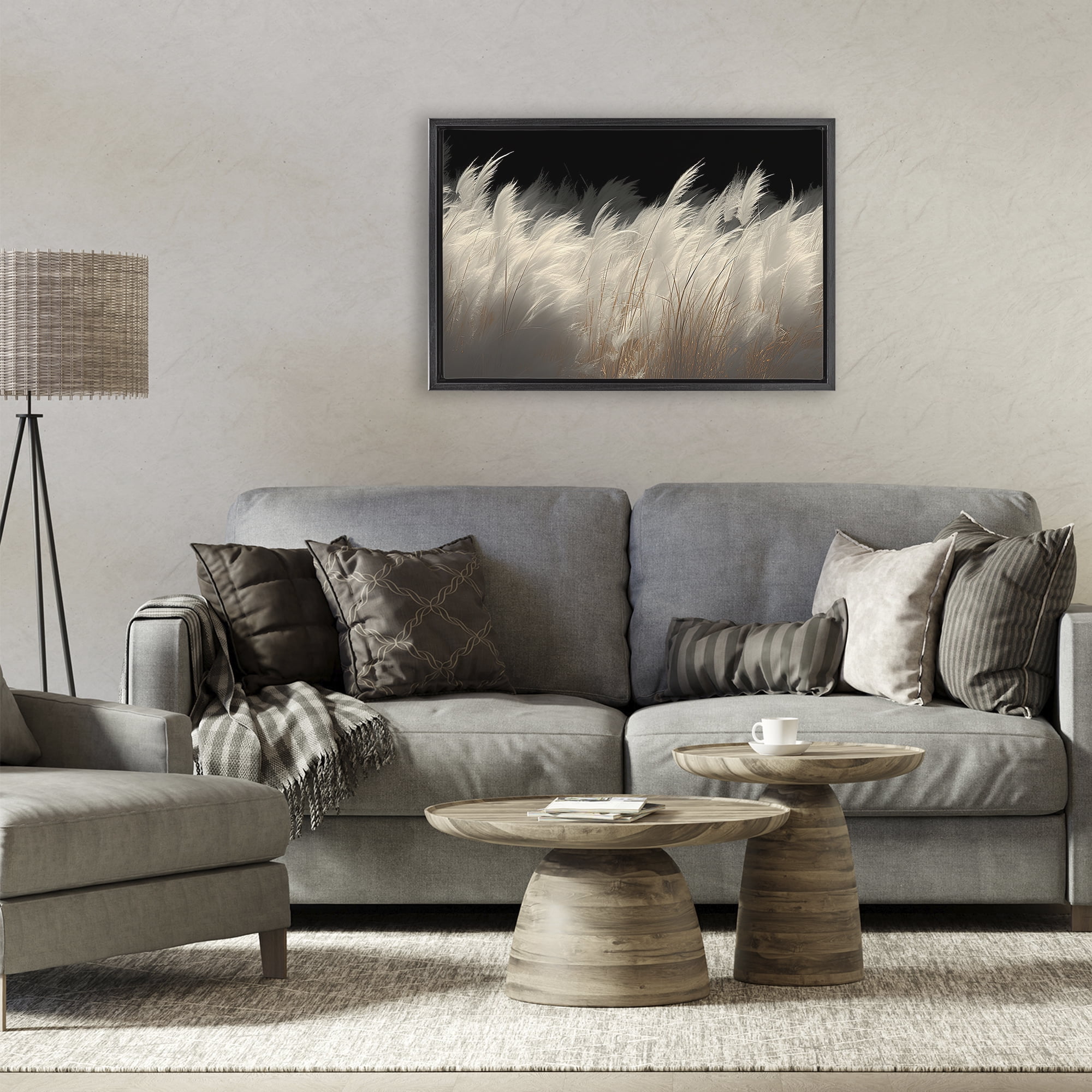 White Feathers Windblown Grasses Black Framed Floater Canvas Wall Art, design by Decent Exposures