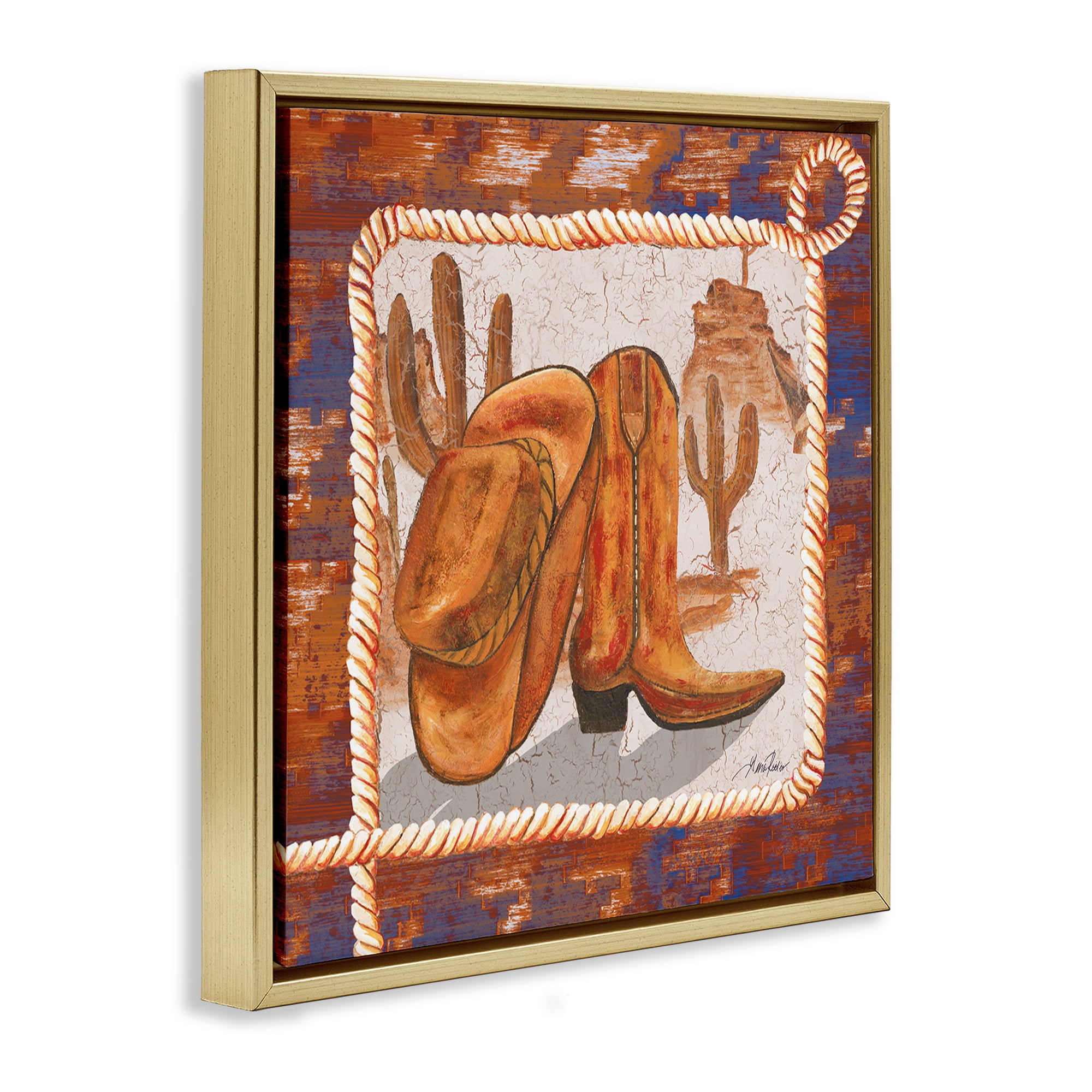 Stupell Industries Western Cowboy Boot Landscape Painting Gold Floater Framed Canvas Art Print Wall Art, 25 x 25