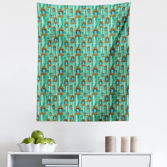 Birds Nest Tapestry, Animal in a Little House Pattern on Retro Groovy Geometric Backdrop, Fabric Wall Hanging Decor for Bedroom Living Room Dorm, 5 Sizes, Jade Green Caramel Blue, by Ambesonne