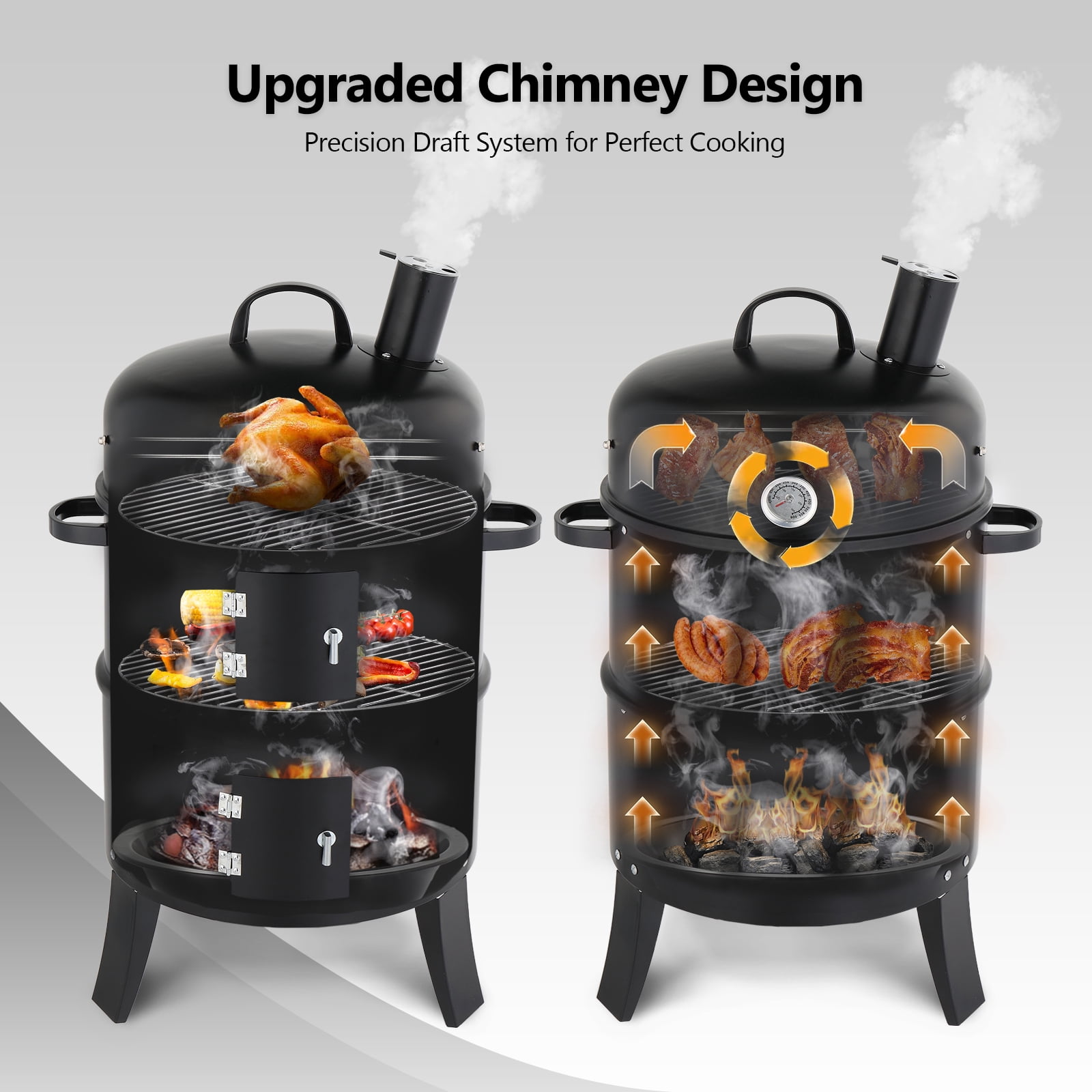 Tcbosik 16 inch Round Charcoal Smoker Grill, Heavy-Duty BBQ Cooker with Hooks and Thermometer for Outdoor Patio, Yard, Garden, Deck, Black