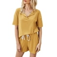 thumbnail image 1 of Hanerdun Women's 2PCS Short Sleeve Pajama Set Sleepwear Henley Tops & Drawstring Shorts, Yellow XL, 1 of 5