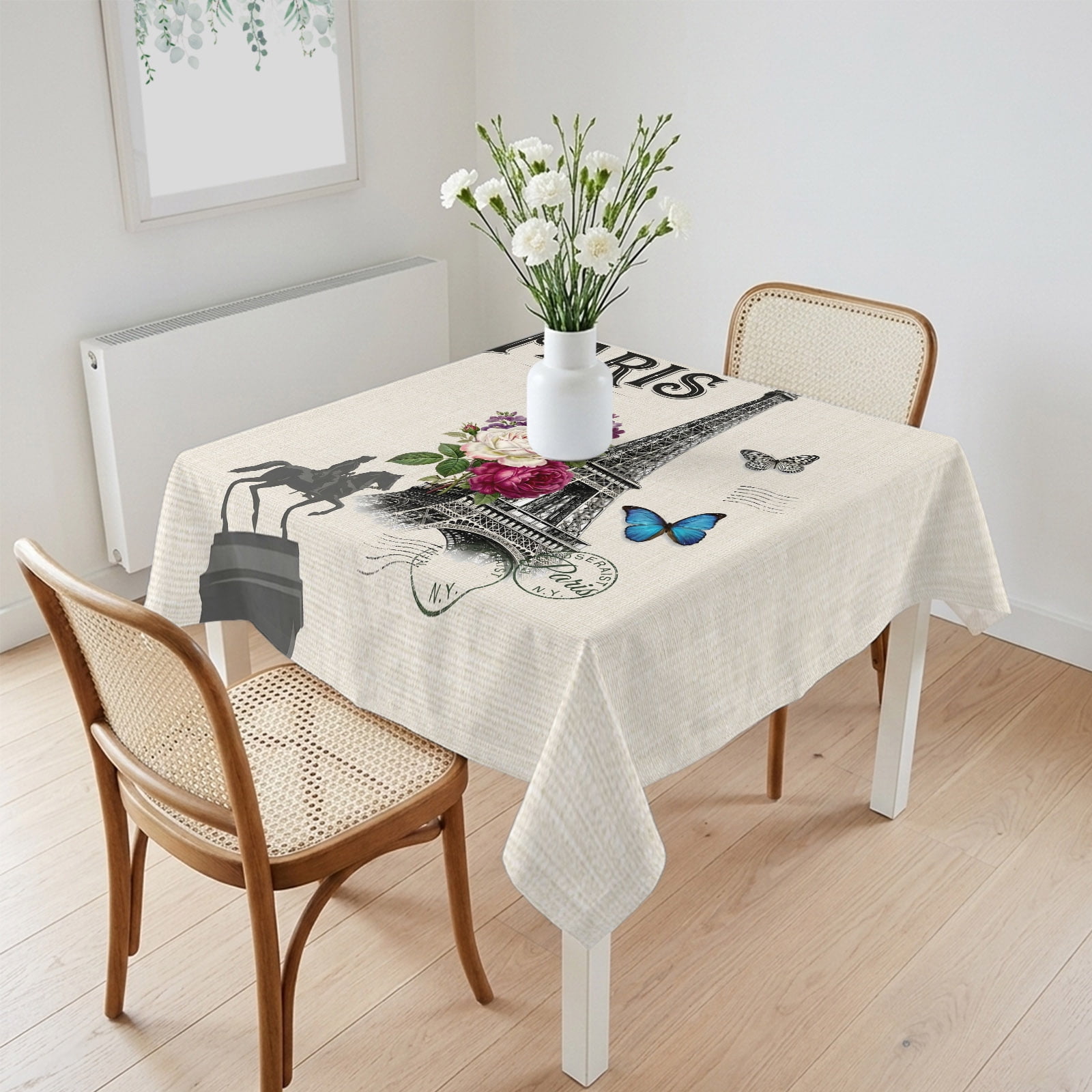 Waterproof Tablecloth Paris Iconic Architecture Tower on Linen Square Table Cloth 60x60in,Wipeable Washable Table Cover Flower Butterfly Stamp Tablecloths for Dining Tables Kitchen Picnic Ourdoor