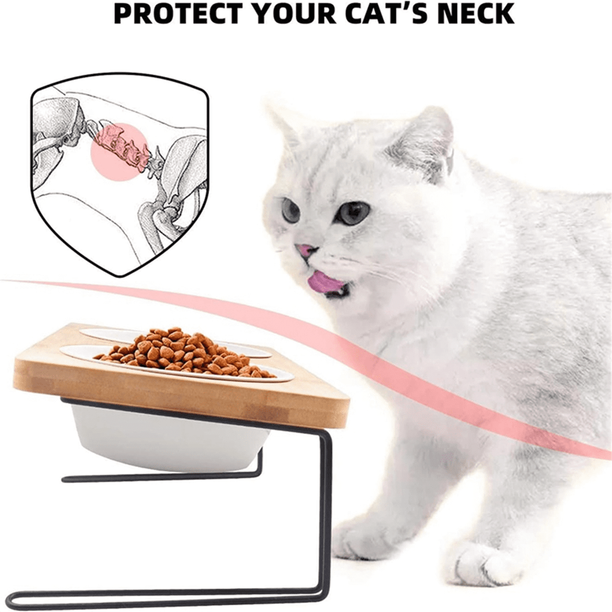 Elevated Cats Ceramic Bowls, Small Dog Food Feeding Dishes, Solid Bamboo Water Stand Feeder Set for Cats and Puppy