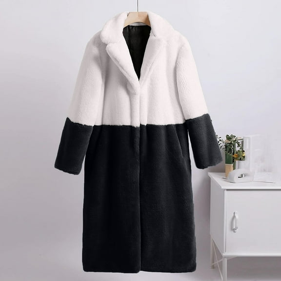 Qetyuw Faux Fur Cardigan for Women Plus Size Color Block Long Sleeve Open Front Coat Winter Warm Lapel Jacket Outwear
