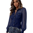 thumbnail image 7 of KLHDSF Denim Shirt Women Button Down Mesh Long Sleeve Jean Shirts Chambray Pearl Snap Shirt, Trendy Spliced Jean Tops, Chest Pockets, Daily Wear Dark Blue XL, 7 of 7