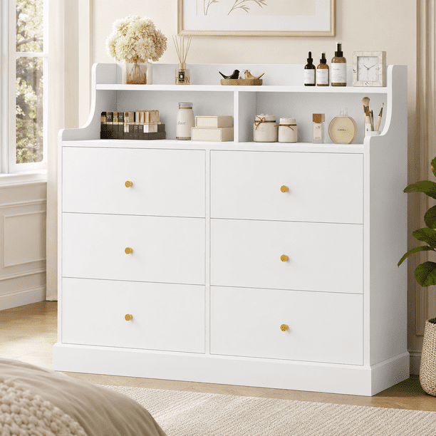Cómoda de 6 Cajones, Cómoda Multifuncional para Dormitorio con Gran Capacidad Espacio de Almacenamiento, Sala, Pasillo o Entrada, Blanco, 113 x 40 x 90 cm