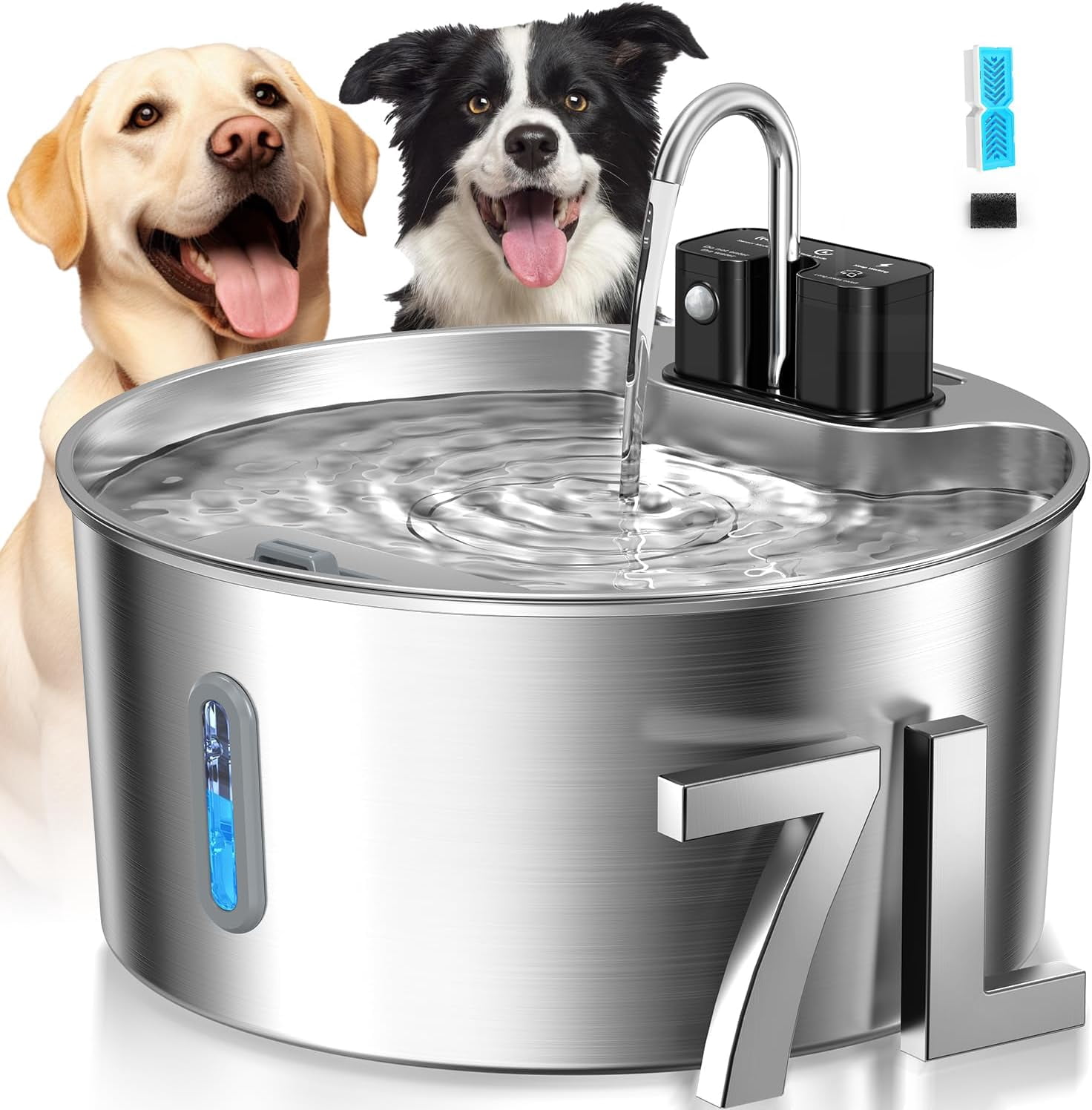 Dog Water Fountain: 1.8Gal/7L Wireless Stainless Steel Dog Fountain Bowl for Small to Large Dogs, Battery Operated Pet Water Dispenser Indoor with Ultra-Quiet Pump, Easy Clean, 6 Filter