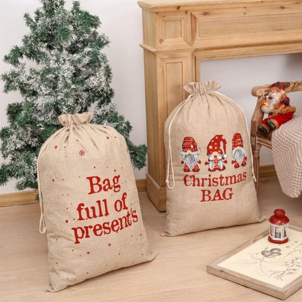 Personalised Merry Christmas Santa Paws Themed Linen Santa Sack with Drawstrings Present-Toy Bag stoking Filler Gift Bag.