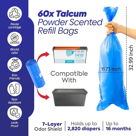 Diaper Refill bags for Diaper Genie Easy Roll – 60 Bags (2x30) – Bags Only, No Cartridge – Max Odor Control – 100% Compatible with Platinum & Signature Pails, Holds 2820 Newborn Diapers