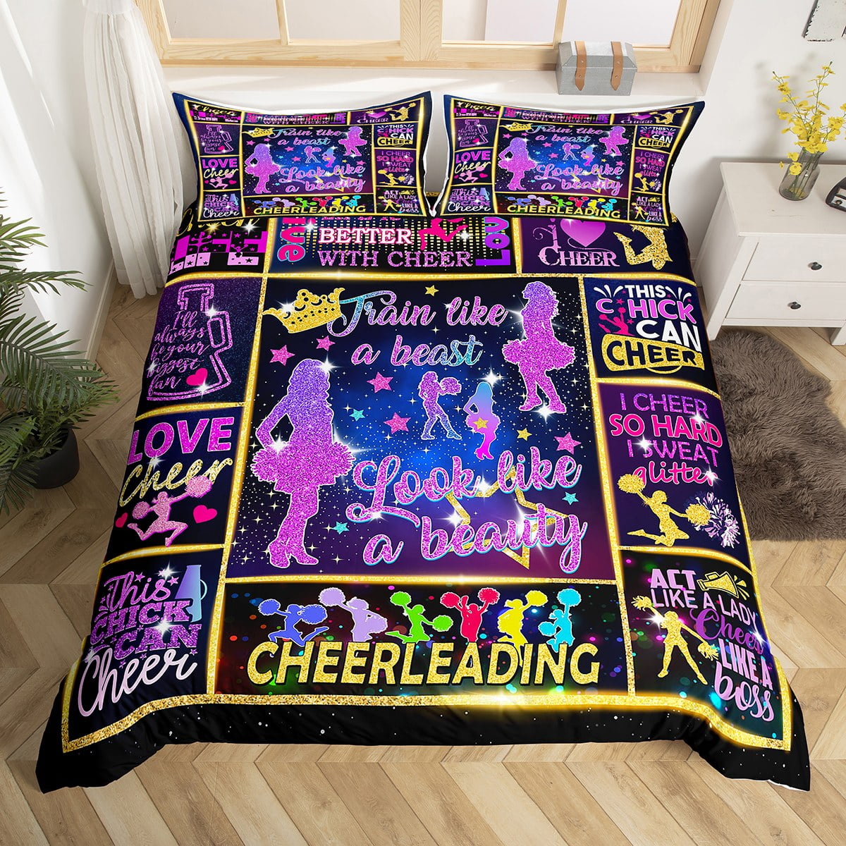 Cheerleading Duvet Cover Twin for Kids Girls Youth,Rainbow Color Neon