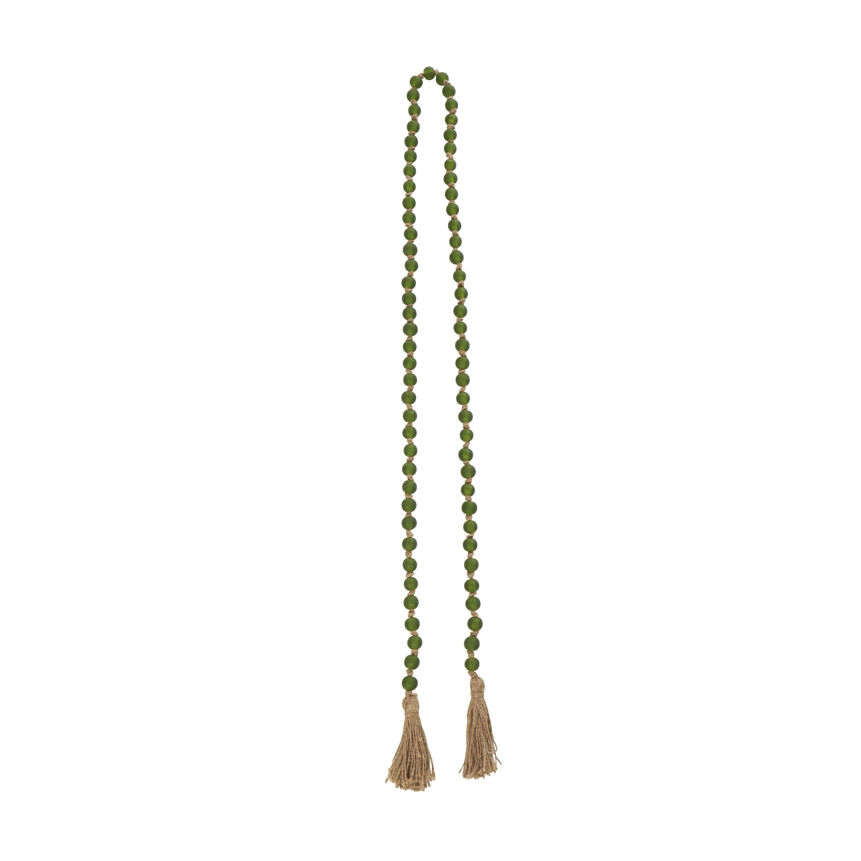 DecMode Handmade Round Long Frosted Beaded Green Glass Garland with Tassel with Knotted Brown Jute