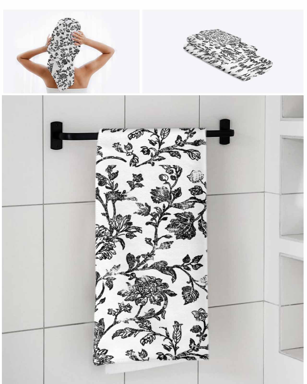Black Flower Bath Towels for Bathroom Set,Luxury Microfiber Towels Gifts for Women,Beach Kitchen Hand Hair Face Towel and Dish Washcloth,Vintage Farmhouse Boho Leaf Spring Plant Towels+Set