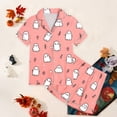thumbnail image 4 of CAICJ98 Girls Halloween Pjs Silk Satin Pajamas Set Kids Toddler Ghost Print Short Sleeve Button Shirts and Shorts 2 Piece Sleepwear, 8-9 Years, 4 of 5