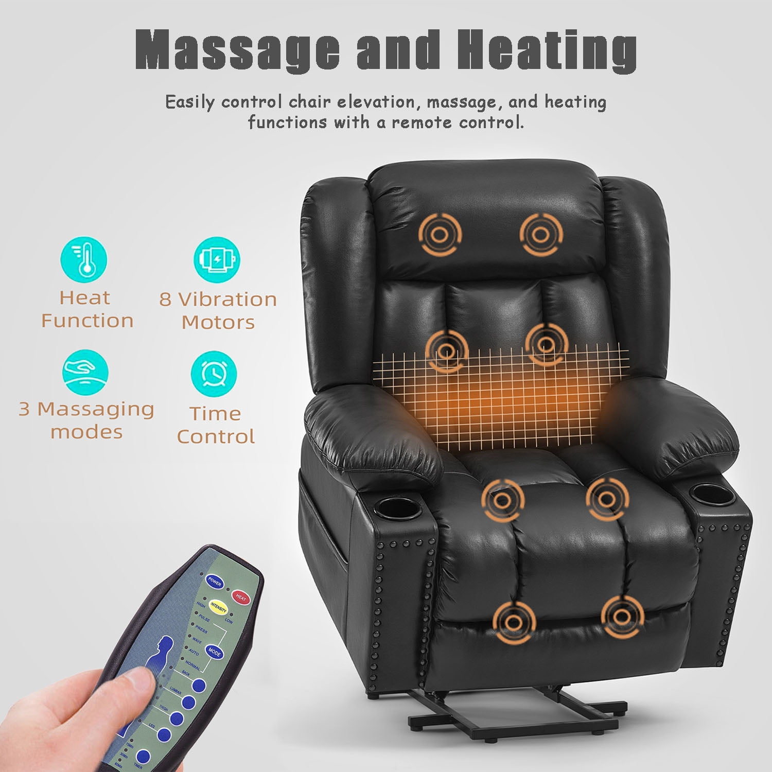 Large Power Lift Chairs Recliners for Elderly with Heated and Massage, Overstuffed Adjustable Lift Chairs, 3 Positions, Breathable Leather, USB-A and USB-C, Cup Holder, Side Pocket, Dark Brown