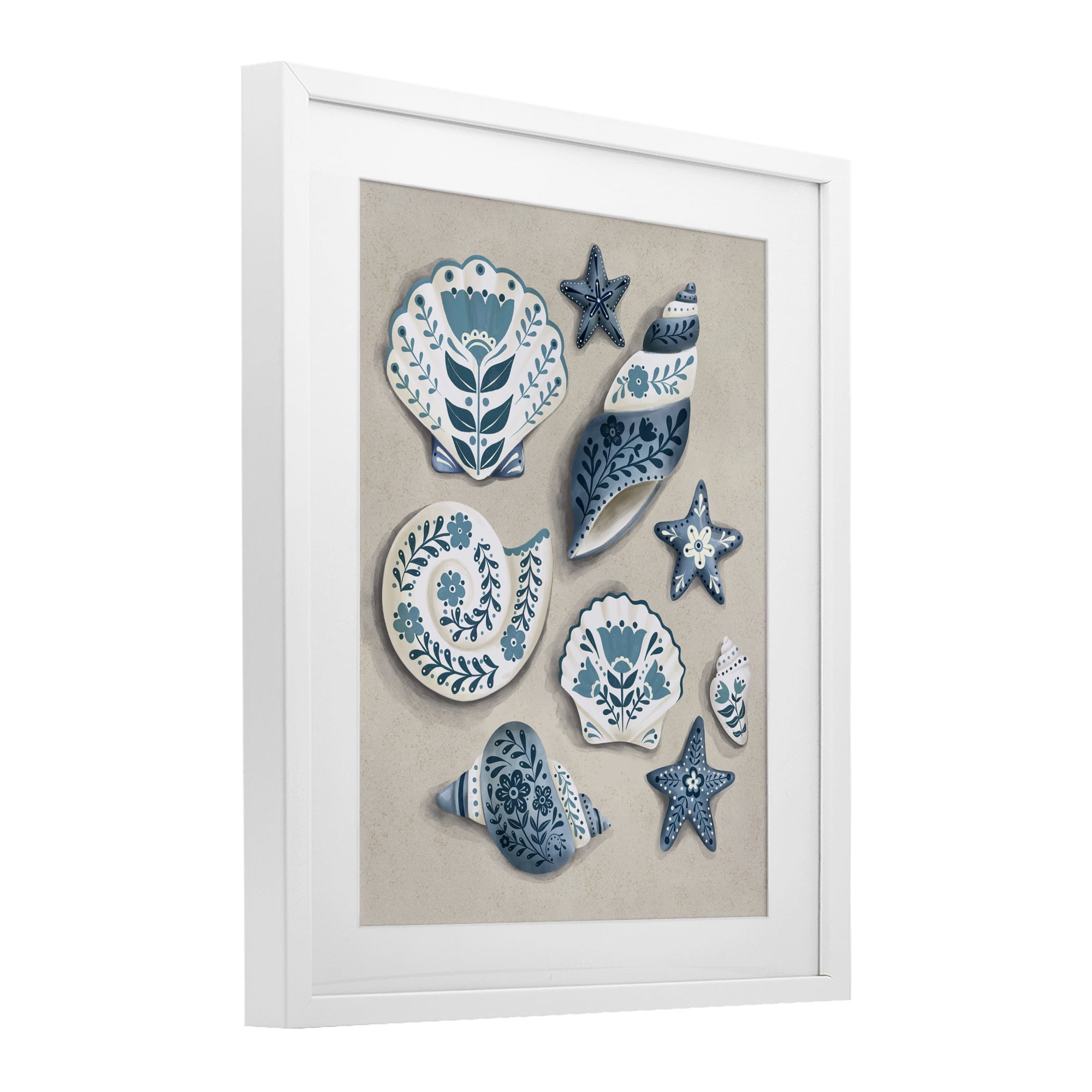 Stupell Industries Teal Nautical Floral Seashells White Framed Print Under Glass, design by Penny Aguilera
