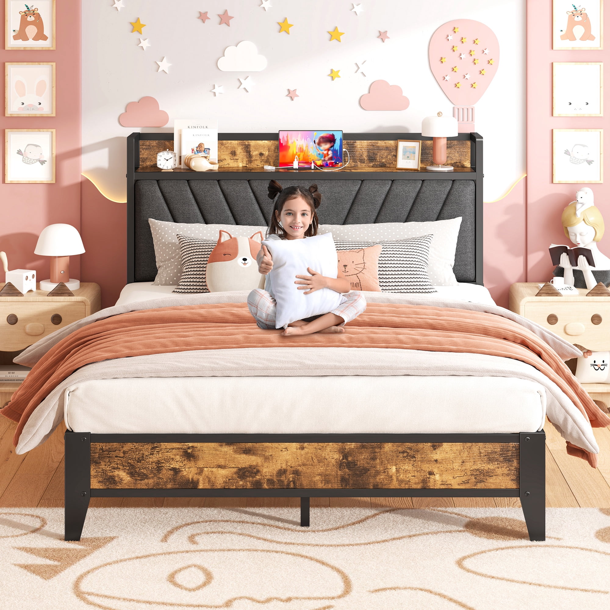 EnHomee Full Size Bed Frame with Headboard Full Bed Frame with Storage  & Charging Station, Vintage Brown