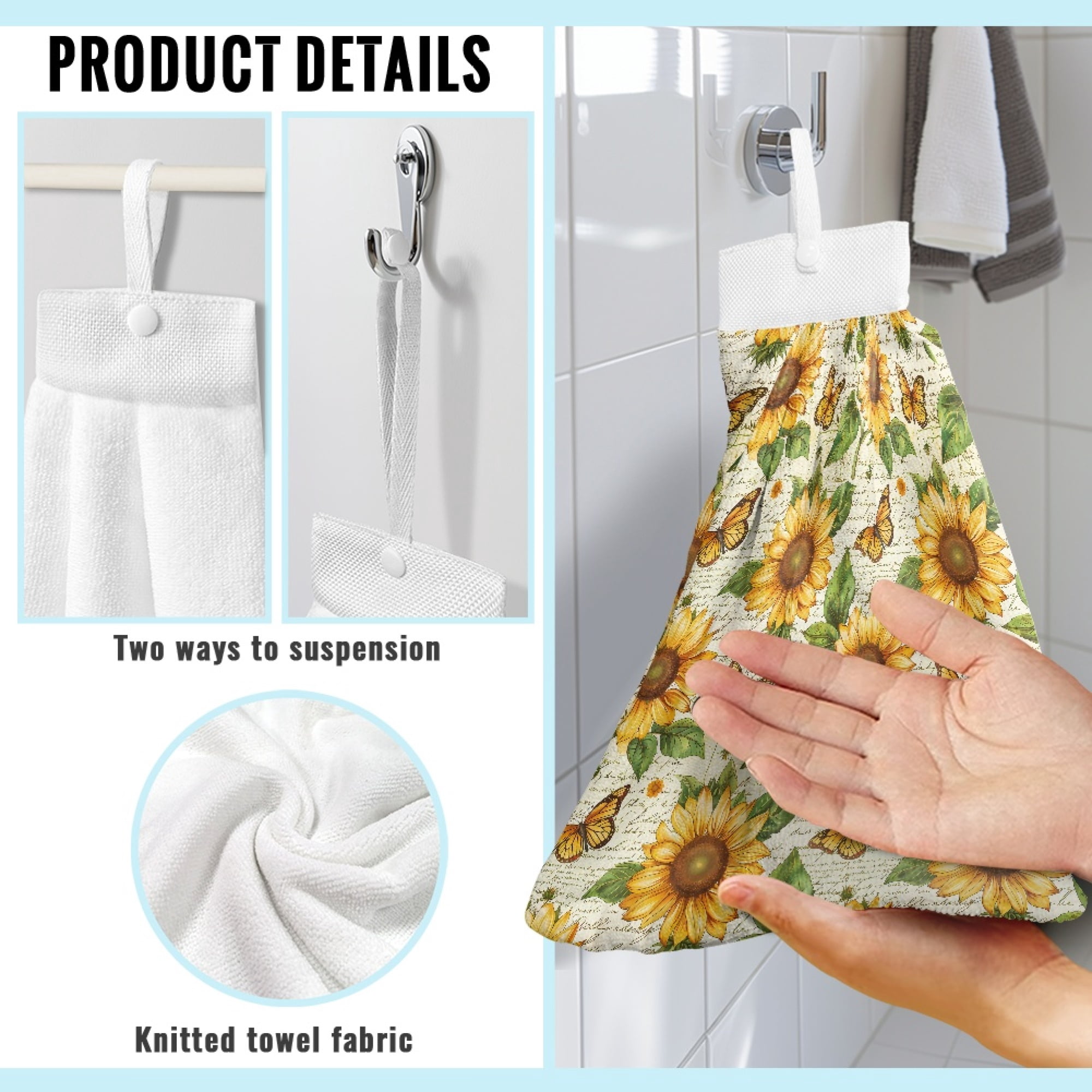 SEANATIVE Sunflower Hand Towel for Bathroom Butterfly Hand Towels with Button Loop Quick Dry Kitchen Fingertip Towels Kids Hand Dry Towels Highly Absorbent Hanging Hand Towels Home Decor 3 Pcs