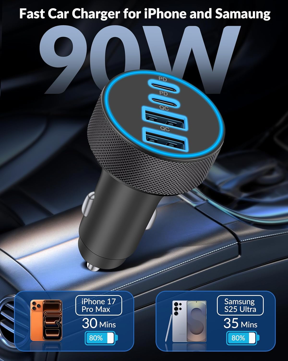 iPhone 17 16 15 Car Charger Fast Charging, 90W 4-Port USB C Fast Car Charger Cigarette Lighter Adapter with 240W 3FT USB-C Cable for iPhone 17/Air/17 Pro/16/15 Pro Max/Plus/16e, iPad, Galaxy, Android