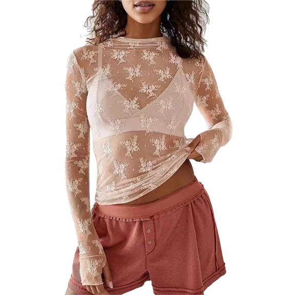 Womens Long Sleeve Shirts Tops Lace Undershirt Lace Long Sleeve Tops for Mesh Top Thumb Hole See Through Pullover Blouses Shirts Blouses for Women Dressy Casual