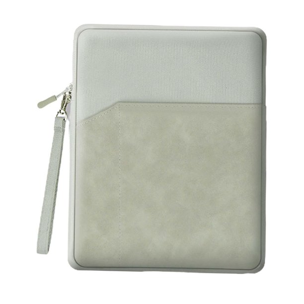 Funda para tablet con bolsillos exteriores, diseño portátil y asa cómoda. gris claro