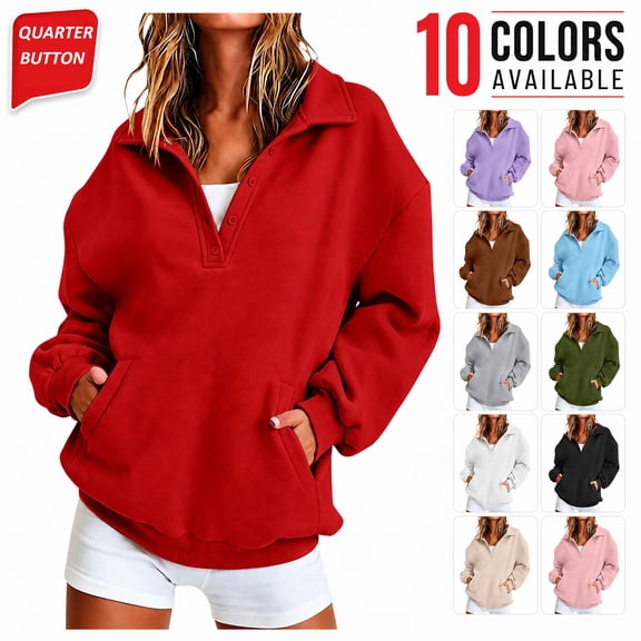 Quarter Button Sweatshirt Women Collared Fleece Long Sleeve Sweatshirt No Hood Winter Solid Color Loose Casual Pullover Tops with Side Pockets Red XXL