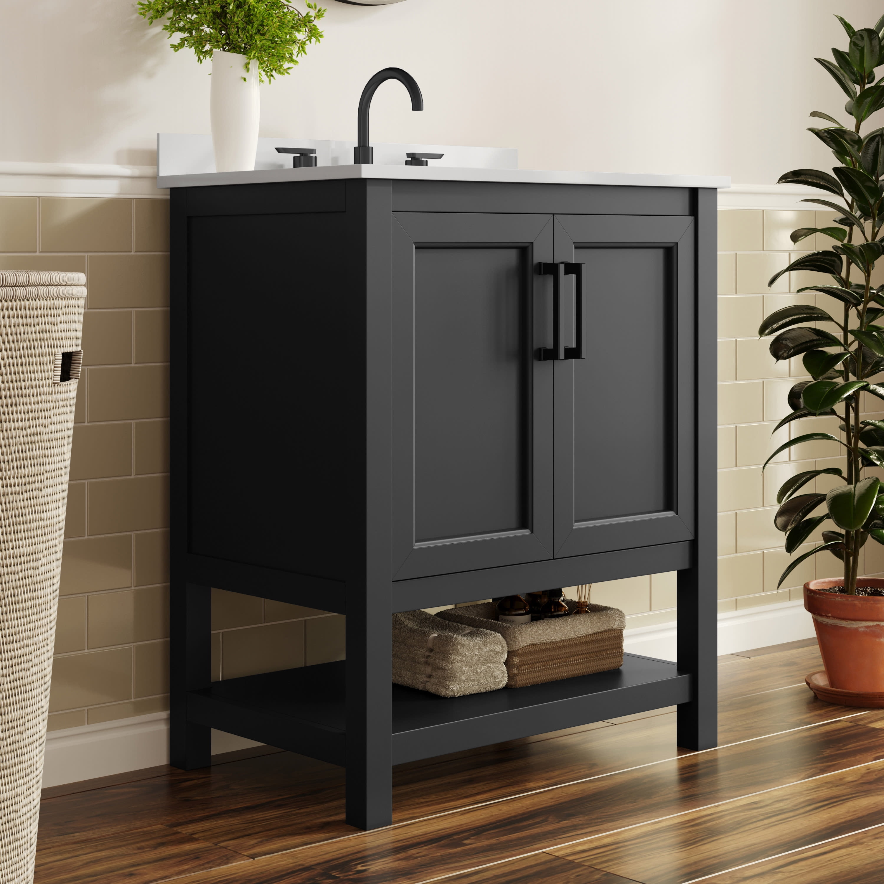 Flash Furniture 30" Bathroom Vanity with Sink, Storage Cabinet with Soft Close Doors & Open Shelf, Carrara Marble Finish Counter & Black Hardware, Black/White