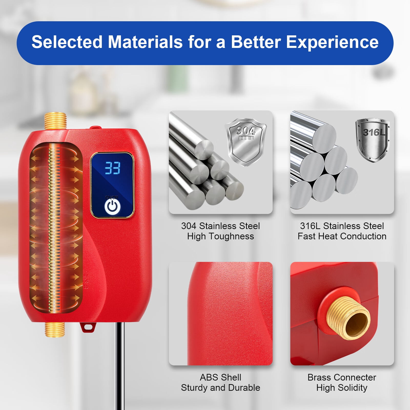 3000W Electric Tankless Water Heater 110V Mini Instant Electric Hot Water Heater Home Floor-Mounted Under Sink Water Heater for Kitchen Bathroom 20-50°C Red