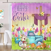 Easter Shower Curtain, Spring Easter Floral Cute Bunny Rabbit Shower Curtain Sets for Bathroom, He is Risen Shower Curtains, The Cross Easter Bathtubs Waterproof Curtain Decor with Hooks, 70X70IN