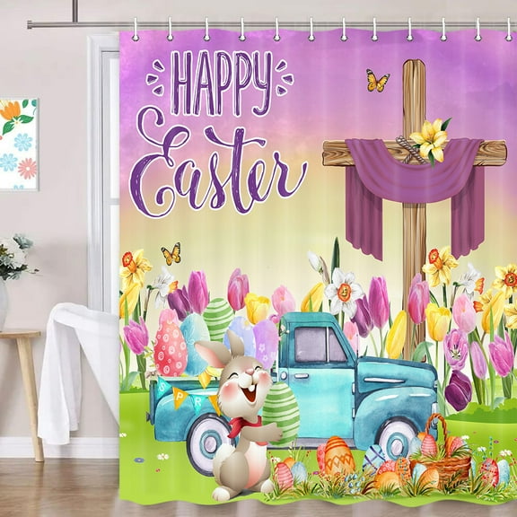 Easter Shower Curtain, Spring Easter Floral Cute Bunny Rabbit Shower Curtain Sets for Bathroom, He is Risen Shower Curtains, The Cross Easter Bathtubs Waterproof Curtain Decor with Hooks, 70X70IN