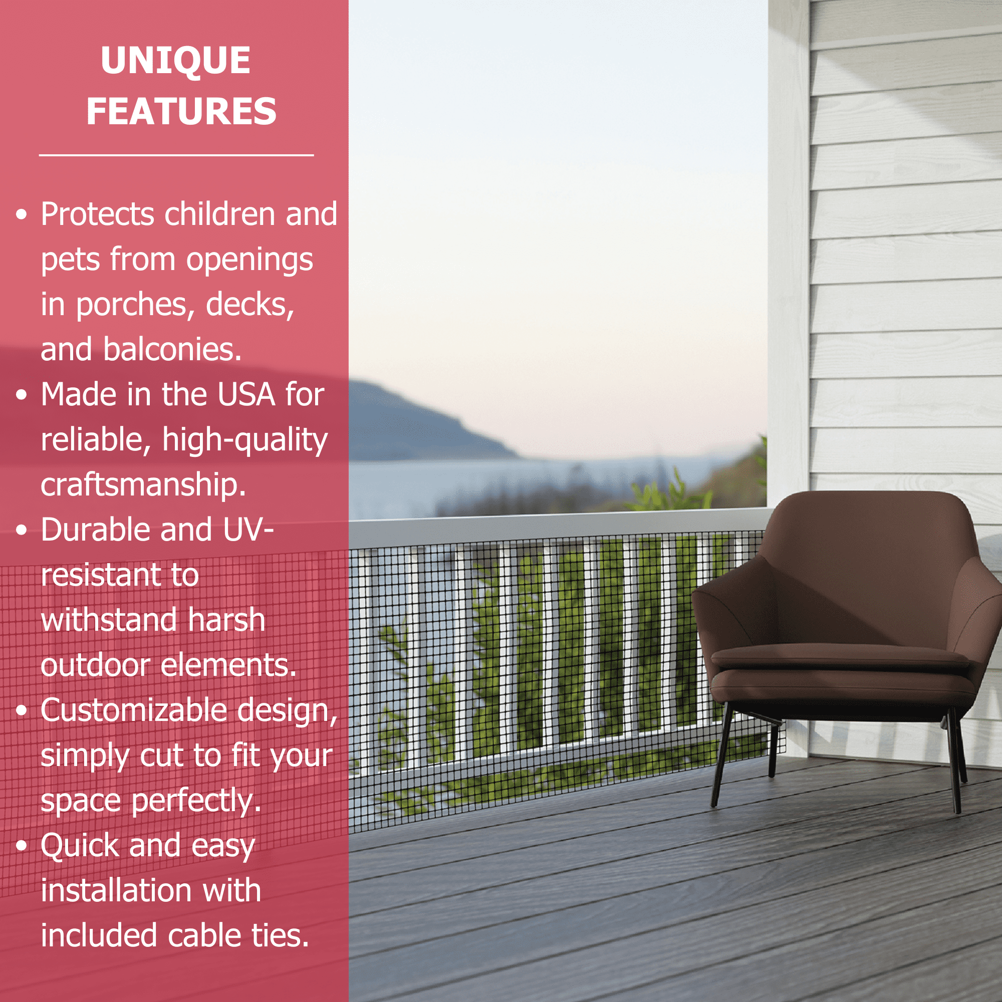 Cardinal Gates DS15 Light-Duty Outdoor Deck Netting - Plastic Balcony Netting for Pets & Kids - 15ft X 3ft Banister Safety Net - Apartment Railing Screen Guard - Cat Net – Black