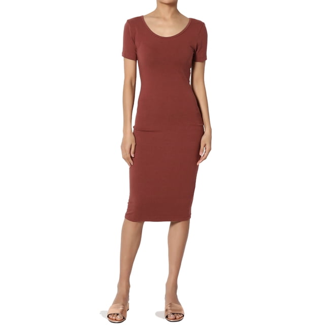 TheMogan Robe Midi Moulante en Jersey de Coton Extensible à Manches Courtes pour Femmes