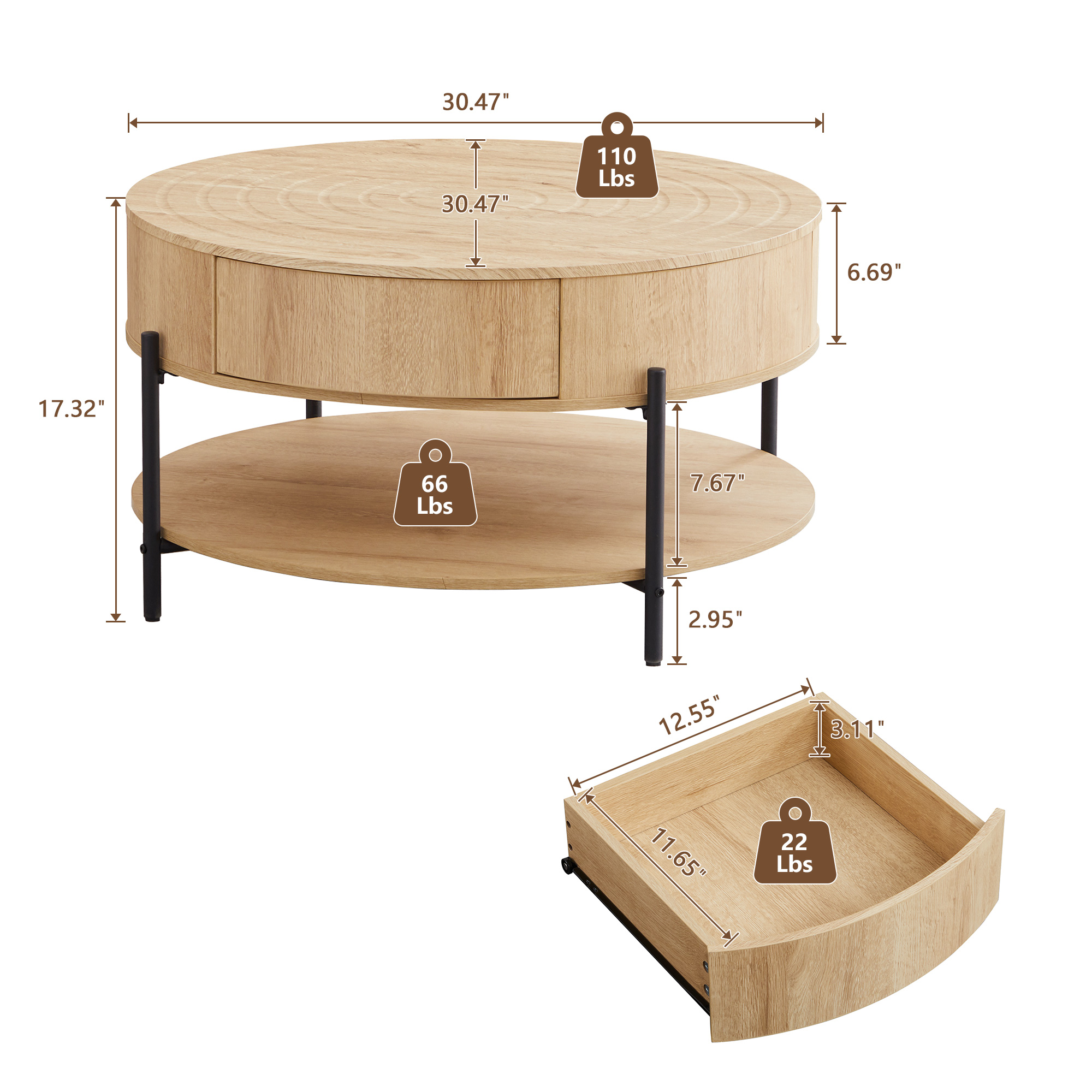 Wirrytor 30" Round Coffee Table with 2 Drawers and Storage Shelf, Modern Farmhouse Tea Table with Natural Tree Rings Top, Natural