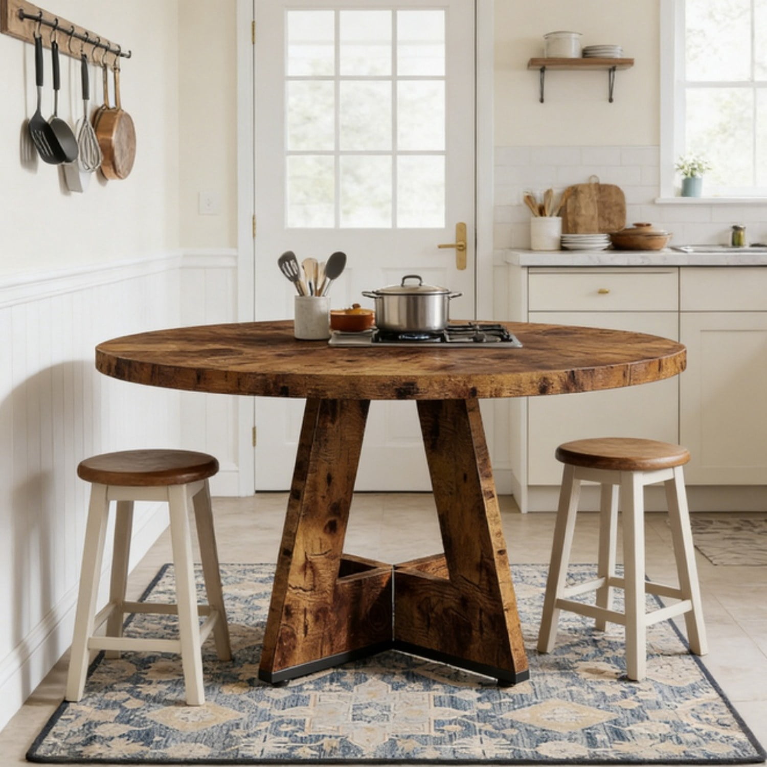 Farmhouse Round Dining Table, 47 in Diameter, Rustic Finish, Seats 4