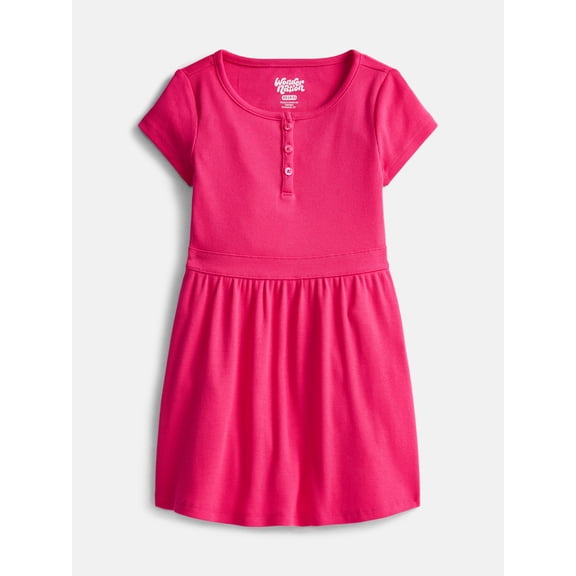 Wonder Nation Girls' Ribbed Henley Dress with Short Sleeves, Sizes 4-18