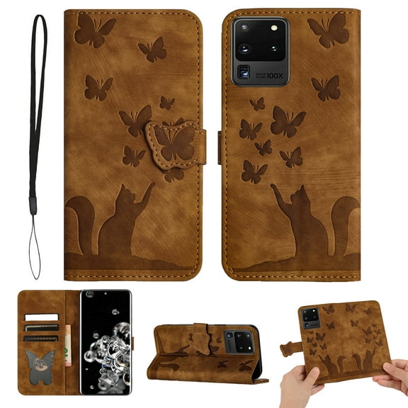 Wallet Case Designed for Samsung Galaxy S20 Ultra for Women,Flip Folio Cover with Butterfly Embossed PU Leather Kickstand Credit Card Holder Slots Magnetic Wrist Strap Phone Case, Brown