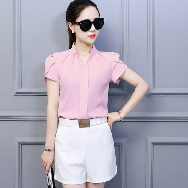 V-Neck Fashion Elegant Solid Color Chiffon Shirt Women's Clothing