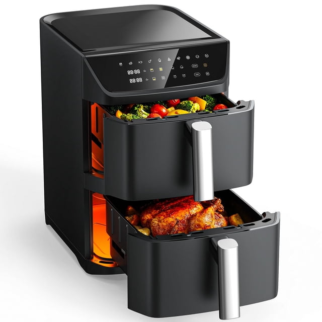 Cesta doble Air Fryer Mirtan de 12,6 litros para 10 a 12 personas, color negro