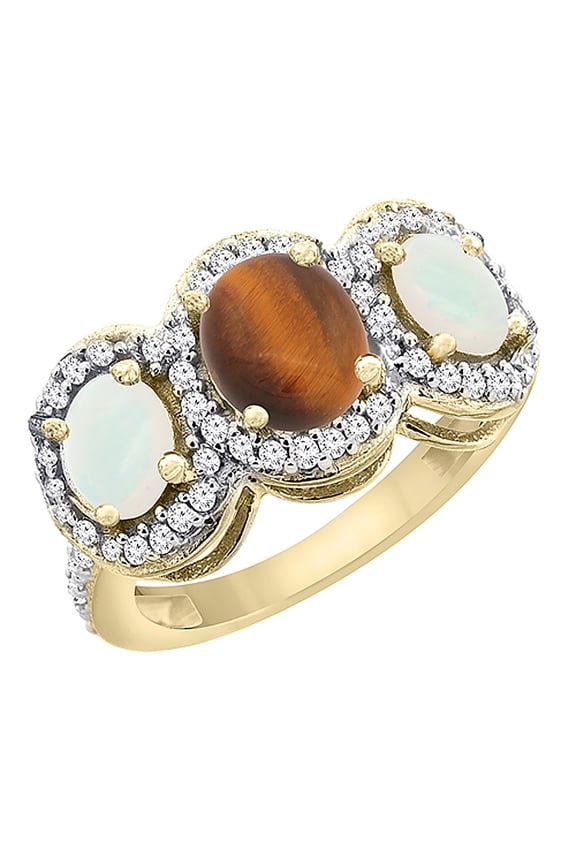 14K Yellow Gold Natural Tiger Eye & Opal 3-Stone Ring Oval Diamond Accent, size 9